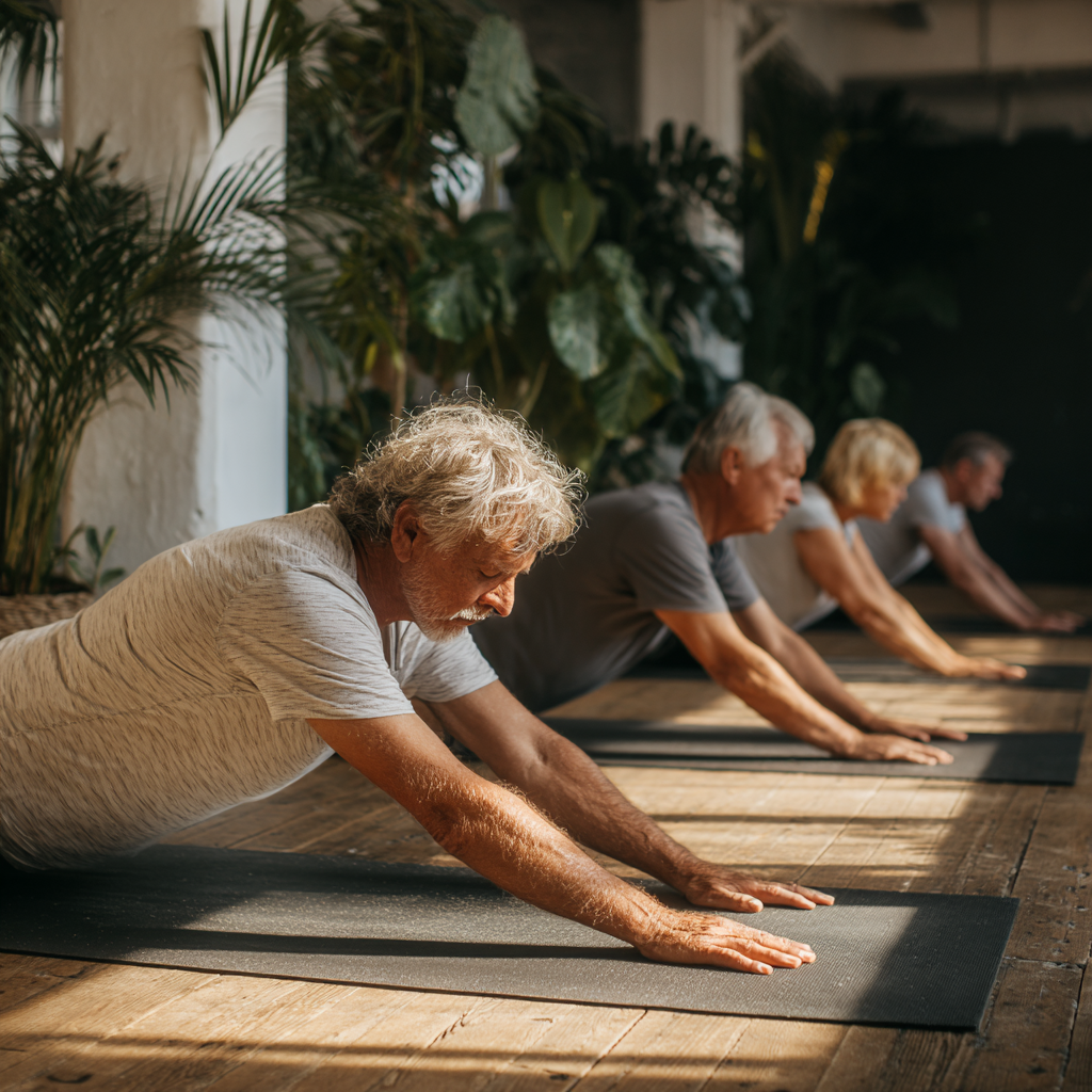 A serene group yoga session with mature adults aged 45-55 practicing gentle stretching poses on yoga mats in a bright minimalist studio with wooden floors and large plants, warm natural lighting creating a peaceful atmosphere