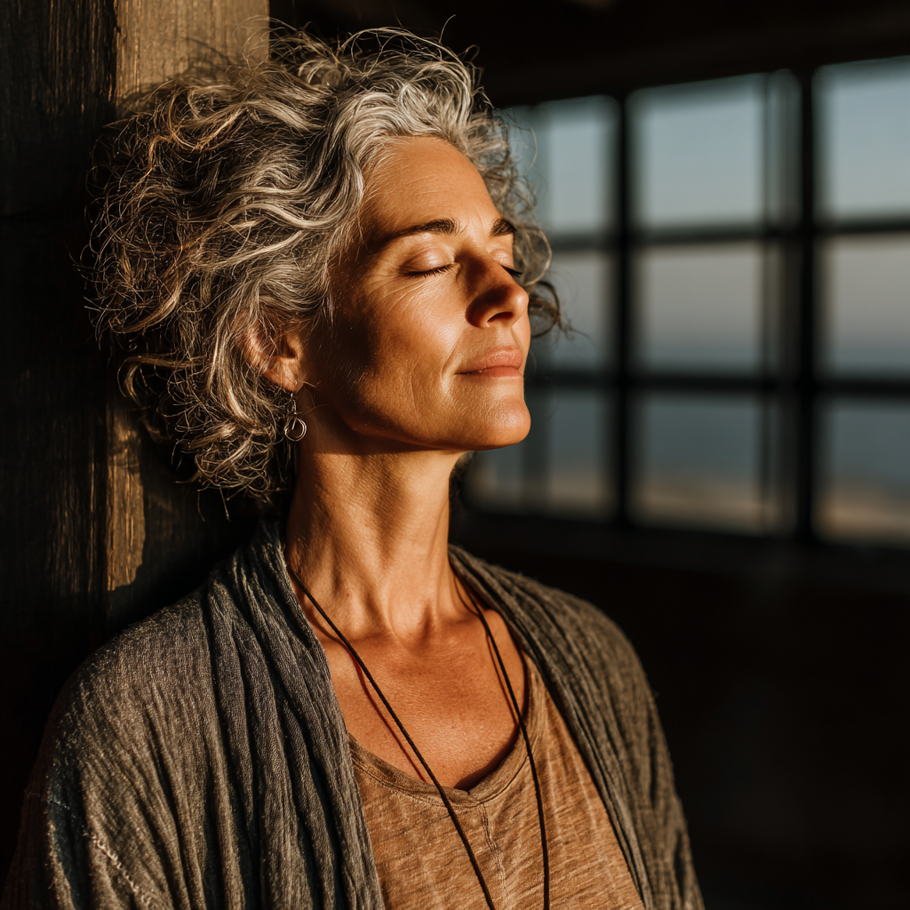 A woman in her late 40s practicing yoga in a serene indoor studio, wearing comfortable earth-toned clothing, standing in tree pose with eyes closed and peaceful expression, natural light streaming through large windows